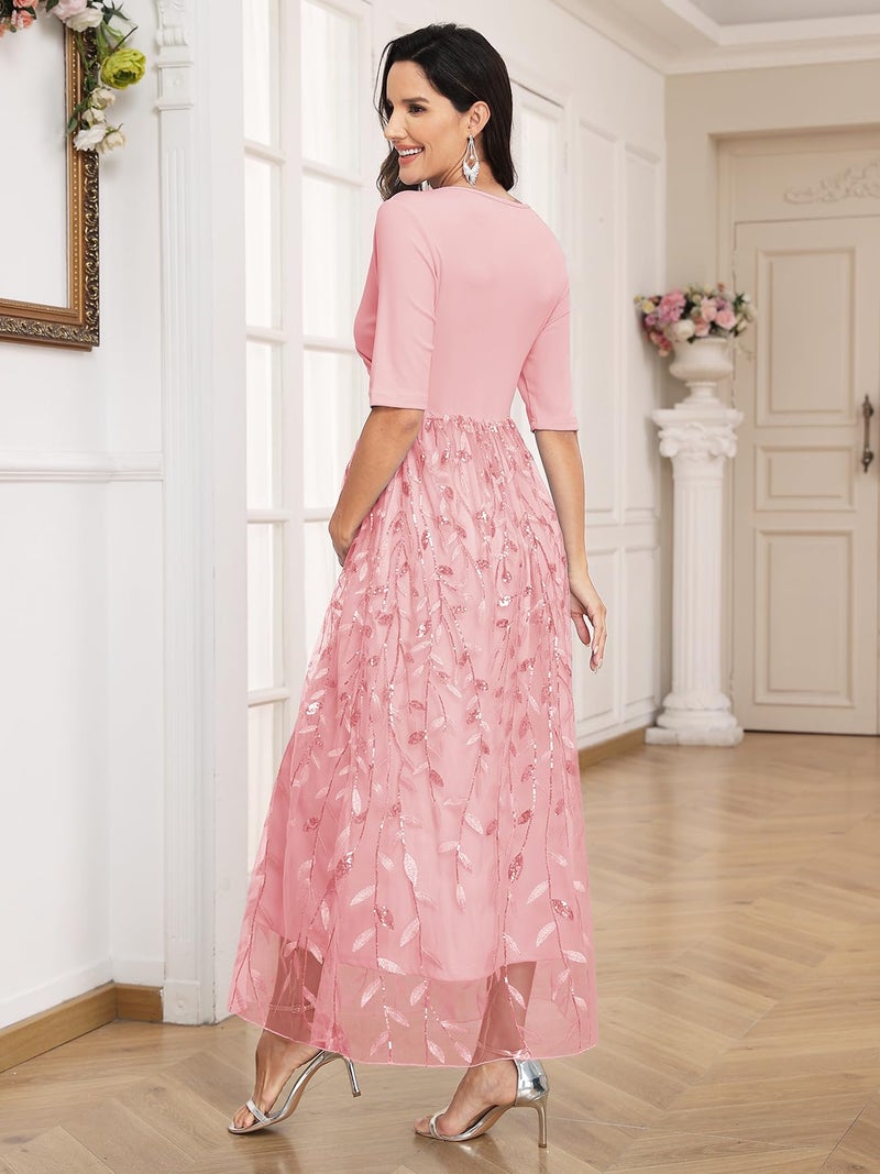 AISWI Maternity Dress Wrap V Neck A Line Elbow Sleeve Baby Shower Pregnancy Dresses for Photoshoot 2025, Light Pink, XL - Image 4