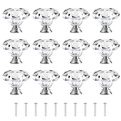 Attom Tech Home [12 PCS] 40mm Crystal Clear Glass Cabinet Drawer Pulls, Diamond Shape Cupboard Knobs with Screws for Kitchen, Dresser, Cupboard, Bathroom, Wardrobe (1.6 inch / 40mm) - Image 1