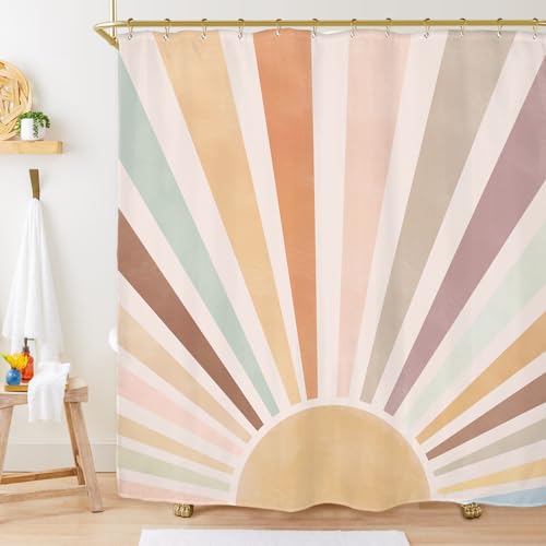 Miyotaa Pastel Sun Rainbow Retro Shower Curtain Set 60Wx71H Inches Minimalist Art Girls Abstract Colorful Aesthetic Vintage Polyester Waterproof Cloth Bathroom Curtain with 12 Hooks - Image 1