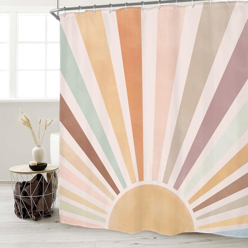 Miyotaa Pastel Sun Rainbow Retro Shower Curtain Set 60Wx71H Inches Minimalist Art Girls Abstract Colorful Aesthetic Vintage Polyester Waterproof Cloth Bathroom Curtain with 12 Hooks - Image 2
