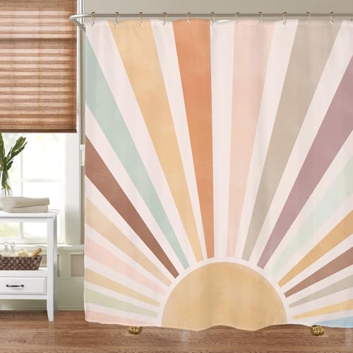 Miyotaa Pastel Sun Rainbow Retro Shower Curtain Set 60Wx71H Inches Minimalist Art Girls Abstract Colorful Aesthetic Vintage Polyester Waterproof Cloth Bathroom Curtain with 12 Hooks - Image 4