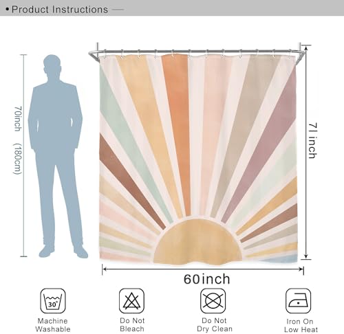 Miyotaa Pastel Sun Rainbow Retro Shower Curtain Set 60Wx71H Inches Minimalist Art Girls Abstract Colorful Aesthetic Vintage Polyester Waterproof Cloth Bathroom Curtain with 12 Hooks - Image 3
