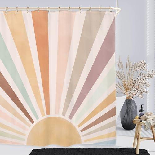 Miyotaa Pastel Sun Rainbow Retro Shower Curtain Set 60Wx71H Inches Minimalist Art Girls Abstract Colorful Aesthetic Vintage Polyester Waterproof Cloth Bathroom Curtain with 12 Hooks - Image 5