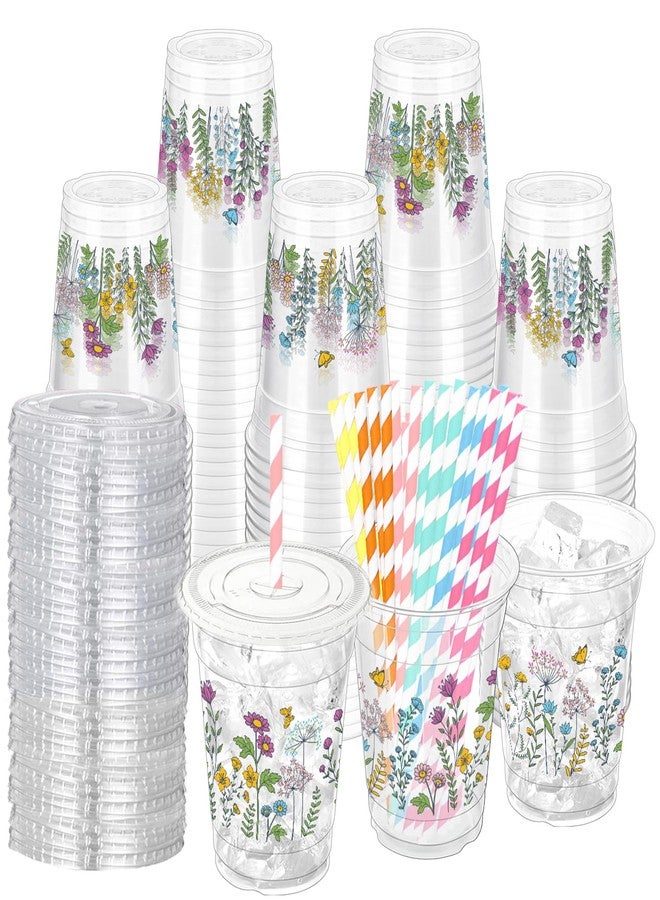 ZCPTZ 100 Sets Wildflower Plastic Cups with Straws & Lids 12 oz Floral Drinking Cups Flower Spring Disposable Cup for Wildflower Party Baby Shower Birthday Supplies - Image 1