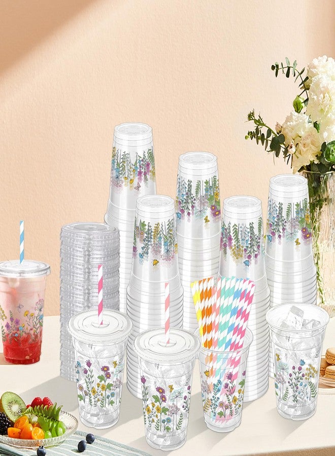 ZCPTZ 100 Sets Wildflower Plastic Cups with Straws & Lids 12 oz Floral Drinking Cups Flower Spring Disposable Cup for Wildflower Party Baby Shower Birthday Supplies - Image 3