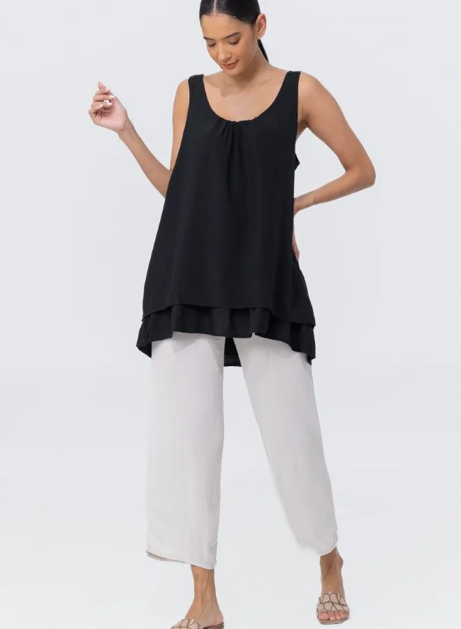 هايليز Sleeveless Layered Asymmetrical Hem Tunic Top - Black