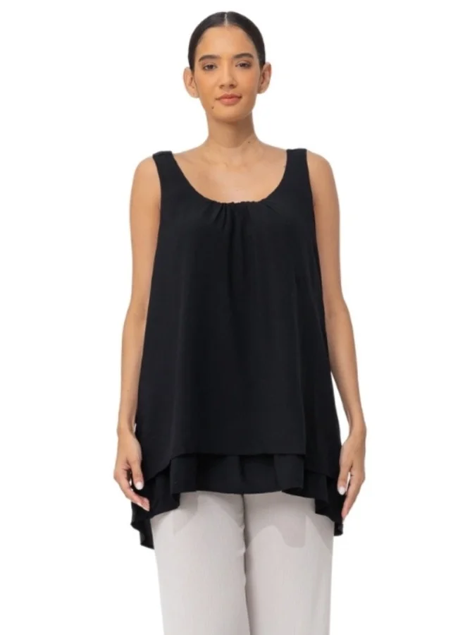 هايليز Sleeveless Layered Asymmetrical Hem Tunic Top - Black