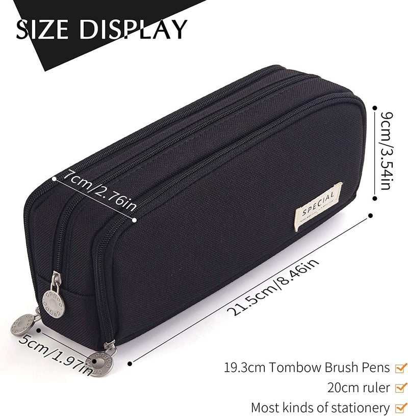 FINEMOE Canvas Large Capacity Pencil Box for Girls & Boys, 3 Compartments Pen & Pencil Pouches, Aesthetic Stationery Pouch for School Kids College Students, Cute Stationary Gift for Children (Black) - Image 5
