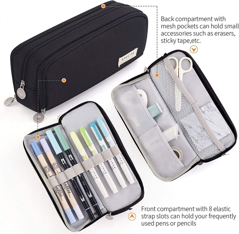 FINEMOE Canvas Large Capacity Pencil Box for Girls & Boys, 3 Compartments Pen & Pencil Pouches, Aesthetic Stationery Pouch for School Kids College Students, Cute Stationary Gift for Children (Black) - Image 3