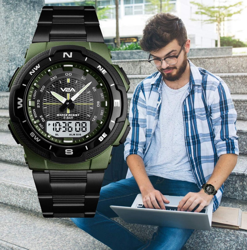 V2A Analogue - Digital Men's Silver Dial and Band Stainless Steel Watch (Black Dial) - Image 3