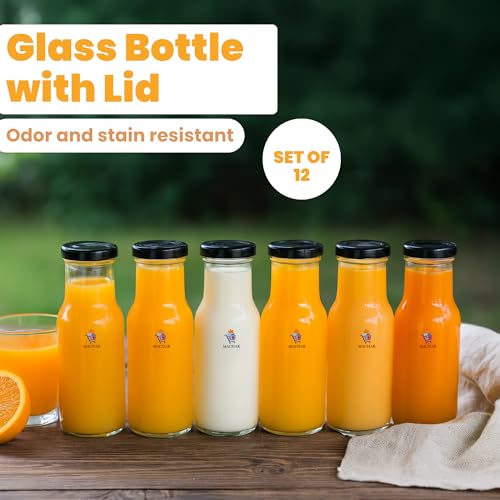 MACHAK 200 ml Glass Bottles for Milk, Juice with Rust Proof & Airtight Black Cap (Set of 12) - Image 2