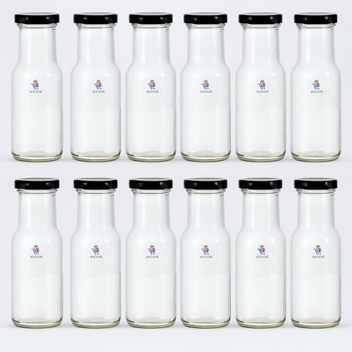 MACHAK 200 ml Glass Bottles for Milk, Juice with Rust Proof & Airtight Black Cap (Set of 12) - Image 1