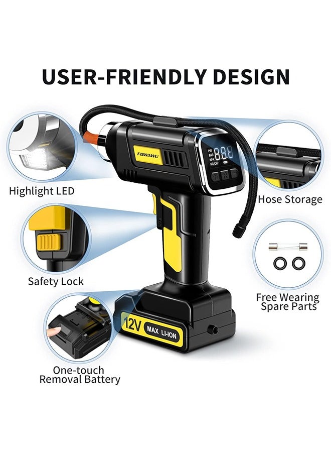 FOWAWU FOWAWU Tyre Inflator 160 PSI 7800mAh, Portable Handheld Air Compressor 2X Faster Inflation,Battery Electric Car Tyre Inflator, Electric Bike Pump Car Tyre Pump with Digital Pressure Gauge LED Light  - Image 3