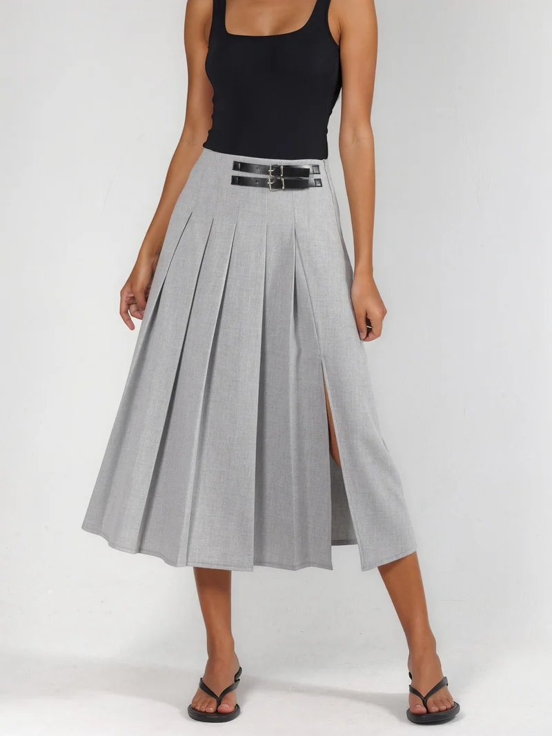 هيكاب High Waist A-Line Midi Skirt with Belt Detail