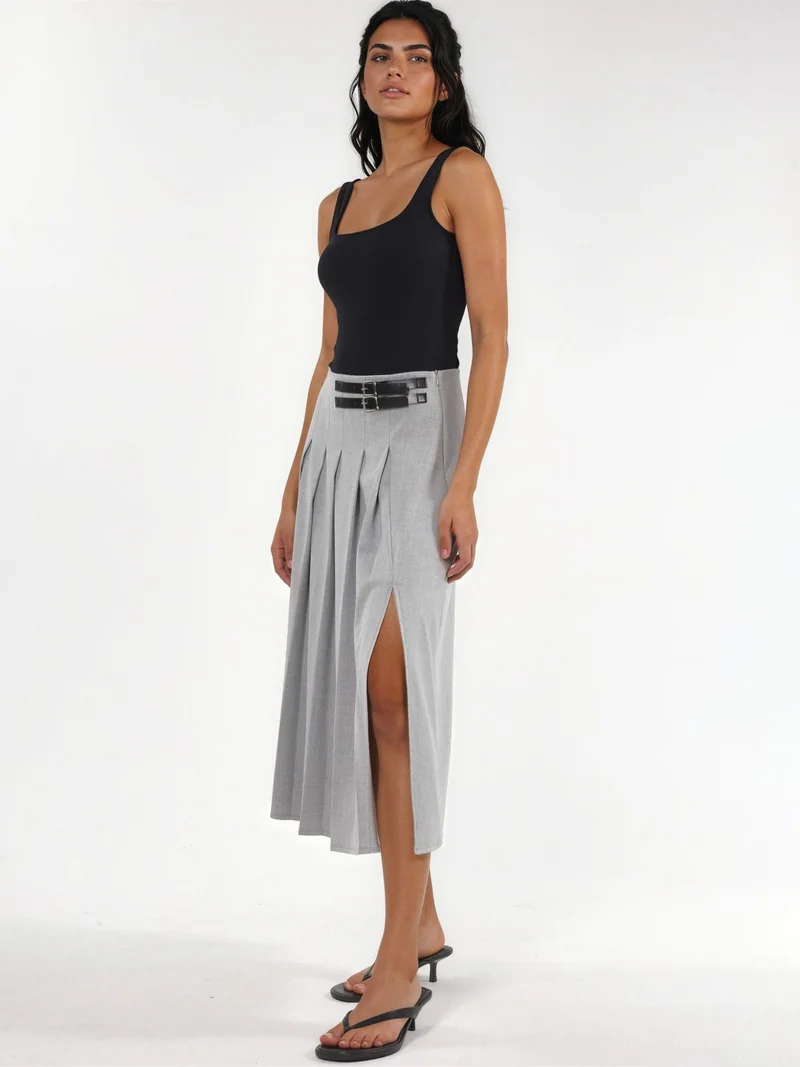 هيكاب High Waist A-Line Midi Skirt with Belt Detail