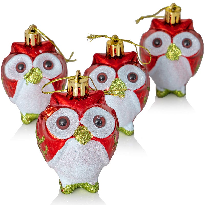 Ornativity Glitter Christmas Owl Ornaments Snowy Glitter White and Red Animal Owls Christmas Tree Decor Holiday Ornament Decorations 4 Birds 3