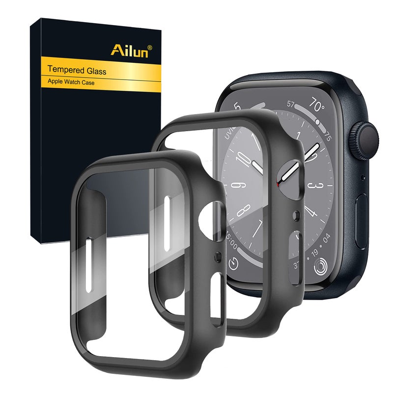 Ailun for Apple Watch Series 9 & 8 & 7 Screen Protector Case [45mm], Ultra-Thin Hard PC Case Built in Tempered Glass for iWatch, Shockproof Cover with Button [2 Pack][Black] - Image 1