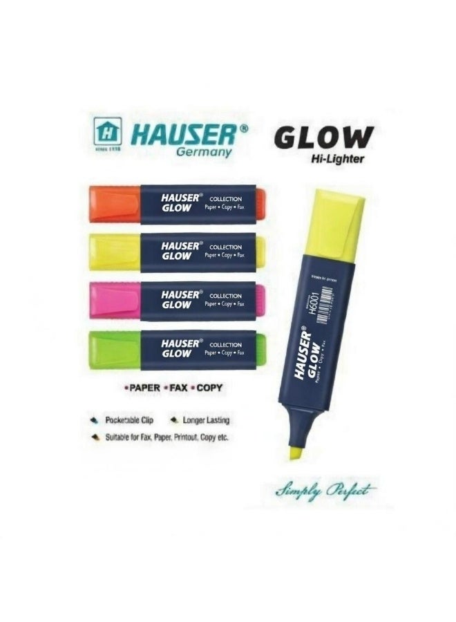 هاوزر طقم أقلام تحديد هايلايتر هاوزر ألمانيا (Glow H6001) - عدد 4 ألوان فلورسنت زاهية، حبر يدوم طويلاً، مناسب للورق والفاكس والنسخ. - Image 1