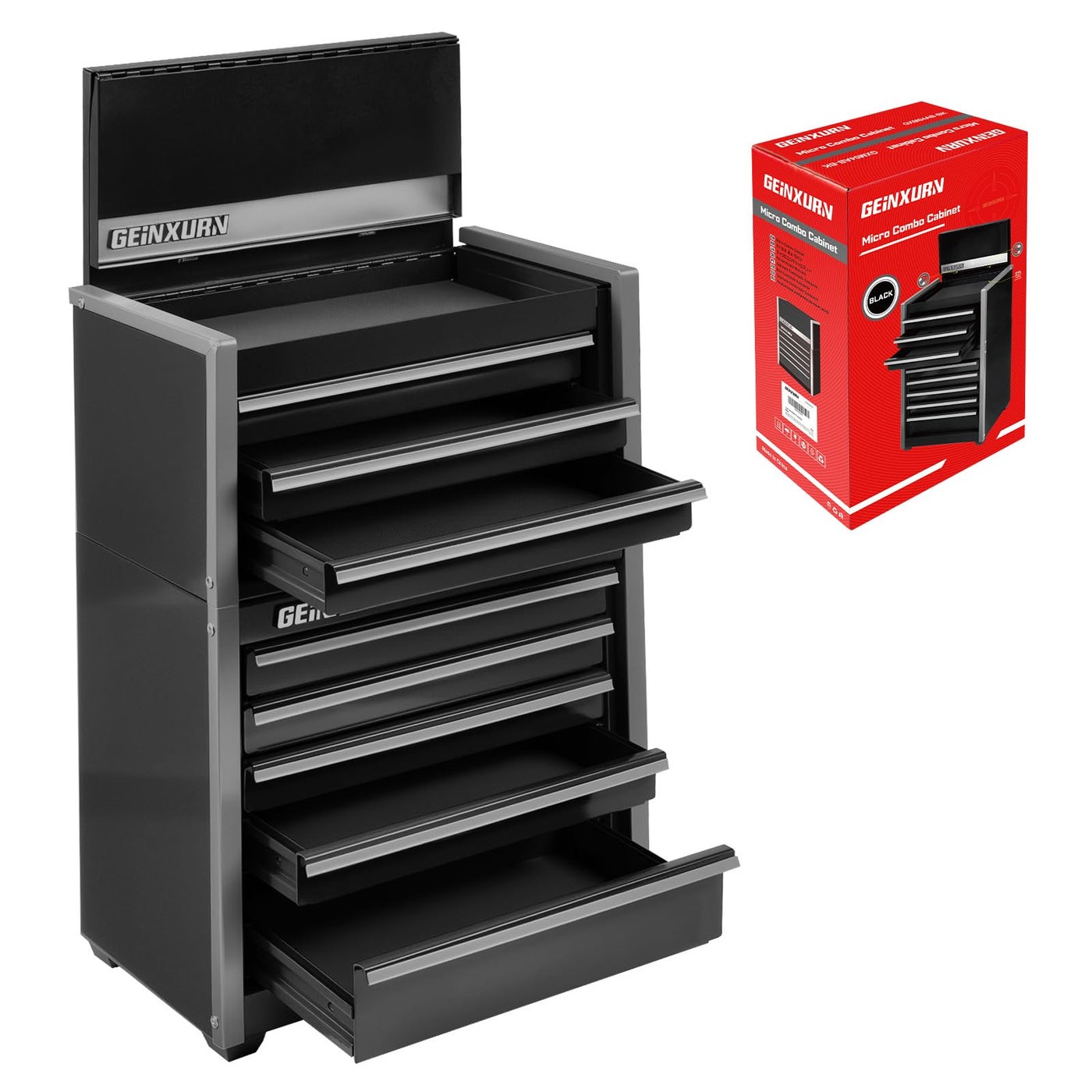 Geinxurn Mini Tool Box 3 Drawer Micro Top Chest and 5 Drawer Micro Roll Cab with Magnetic Locking Stackable Portable Hand Carry Tool Cases for Tools Storage (Black)