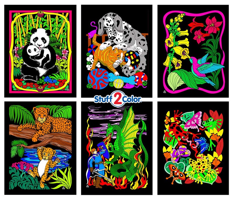 مجموعة Stuff2Color باندا قطة تنين وفارس فهود طائر الطنان ضفدع 6 عبوات من ملصقات التلوين المخملية الممتعة لجميع الأعمار