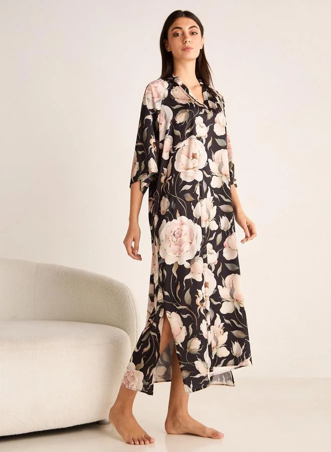 Splash FAV Floral Print Night Dress with Collar and 3/4 Sleeves