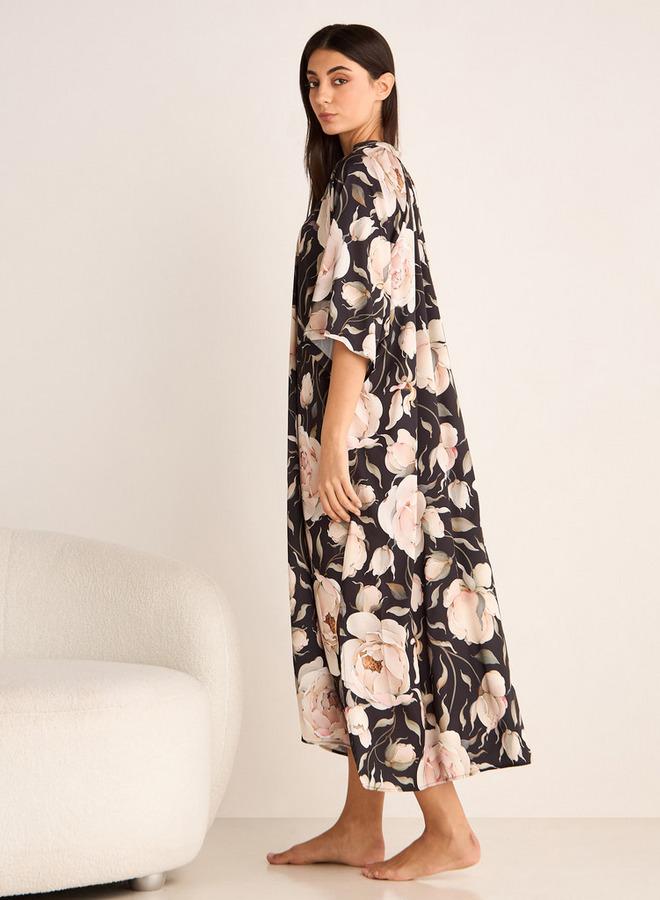 سبلاش فيڤ فستان نوم بطبعة زهور مع ياقة وأكمام ثلاثة أرباع - Image 3