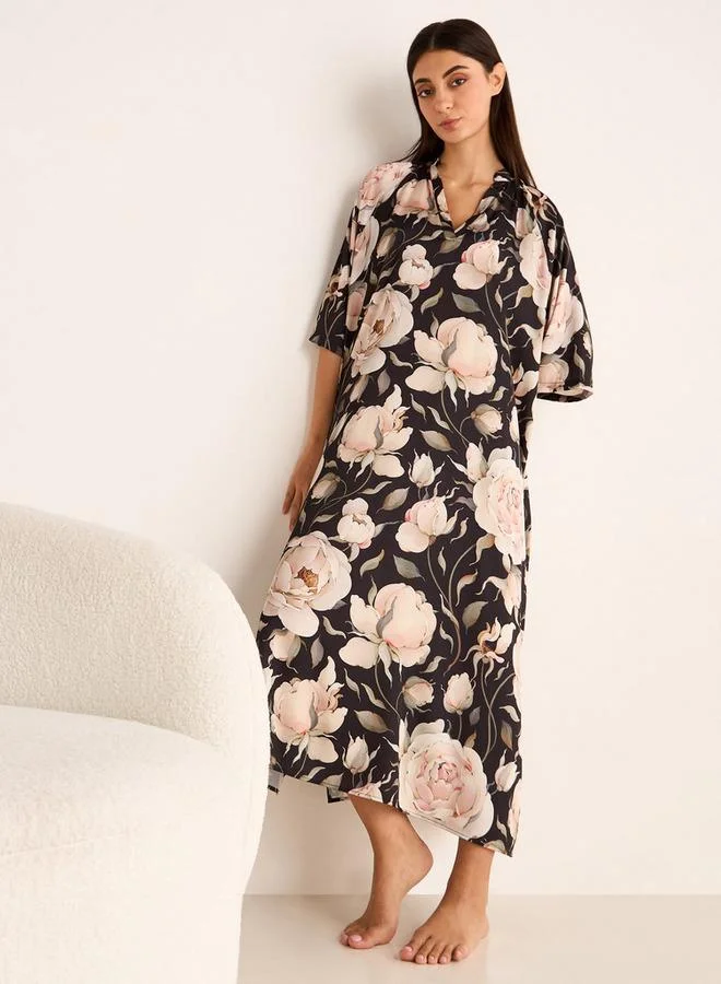 Splash FAV Floral Print Night Dress with Collar and 3/4 Sleeves