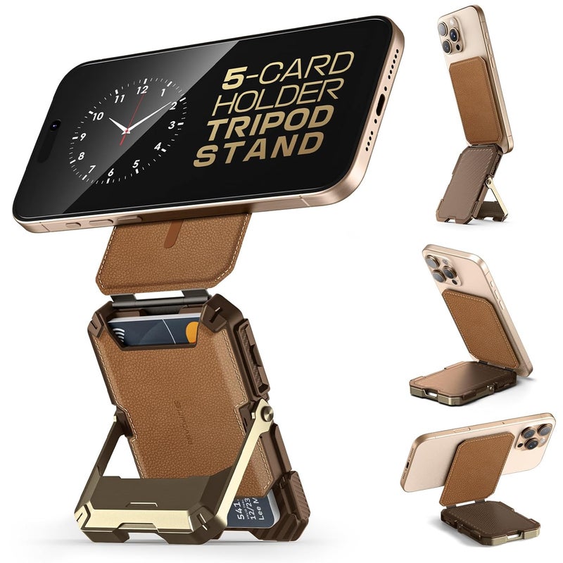 SupCase for MagSafe Wallet with Stand, Magnetic Genuine Leather Wallet for Men, [Hold 5 Cards] [Adjustable Stand] [RFID Blocking] Phone Card Holder Tripod for iPhone 17/16/15/14/13/12 Series, Brown - Image 1