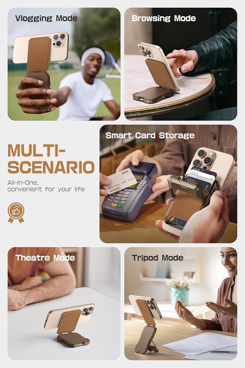 SupCase for MagSafe Wallet with Stand, Magnetic Genuine Leather Wallet for Men, [Hold 5 Cards] [Adjustable Stand] [RFID Blocking] Phone Card Holder Tripod for iPhone 17/16/15/14/13/12 Series, Brown - Image 3