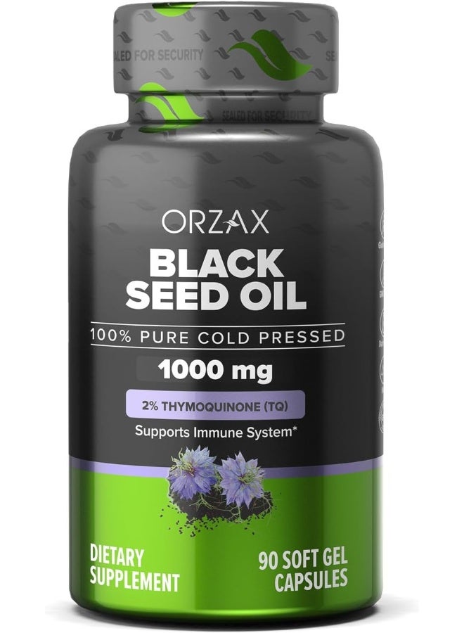 ORZAX Black Seed Oil Capsules, 90 Days Supply, 2% Thymoquinone, Non-GMO, Gluten Free, Cold Pressed Black Cumin Pills, Nigella Sativa Supports Immune System, Joints, Hair Growth, Skin - Image 1