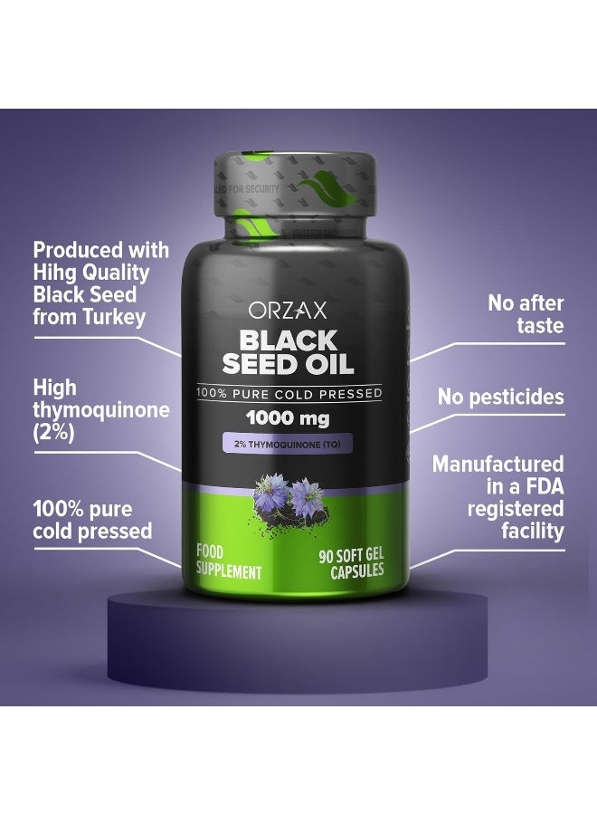 ORZAX Black Seed Oil Capsules, 90 Days Supply, 2% Thymoquinone, Non-GMO, Gluten Free, Cold Pressed Black Cumin Pills, Nigella Sativa Supports Immune System, Joints, Hair Growth, Skin - Image 3