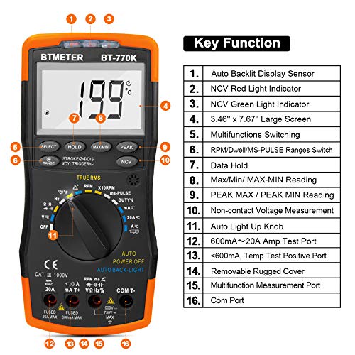 BTMETER BT-770K Auto Ranging Automotive Multimeter for Dwell Angle Pulse Width Tach Temperature Duty Cycle Voltage Current Resistance Test - Image 4