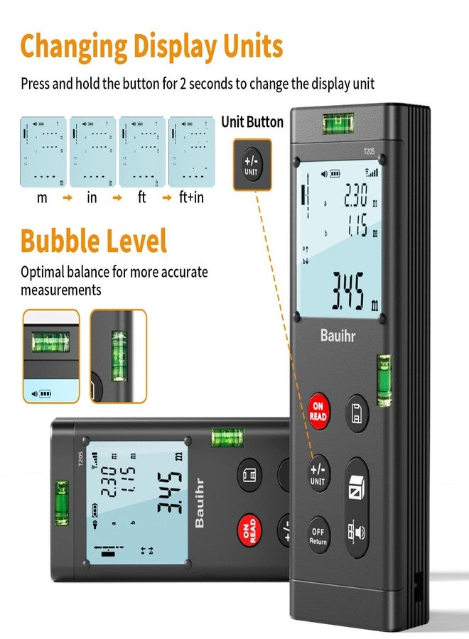 Bauihr Bilateral Laser Measurement Tool, Bauihr 393ft/120M Rechargeable Aluminum Dual Laser Distance Meter, Dual Laser Measuring Tool with Color Backlit LCD Display, Digital Angle, M/in/Ft Unit Switching - Image 5