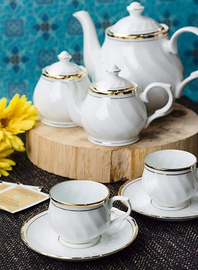 E - Ezra Fine Bone China Gold Line Tea Cup and Saucer/Tea Kettle Pot -Set of 15 Pieces - Image 1