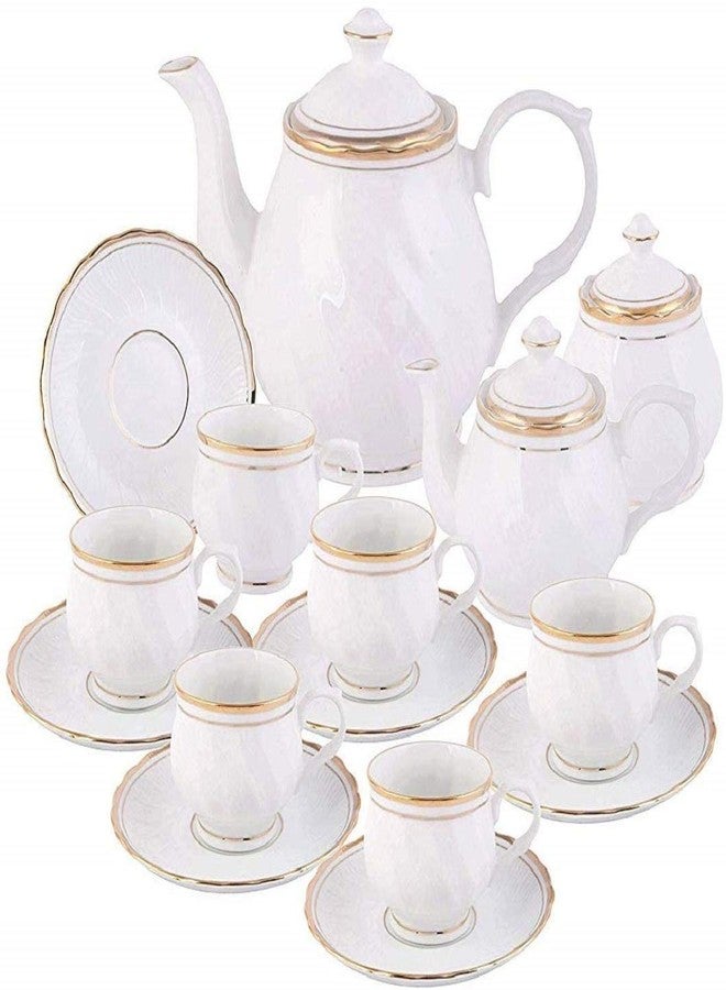 E - Ezra Fine Bone China Gold Line Tea Cup and Saucer/Tea Kettle Pot -Set of 15 Pieces - Image 4