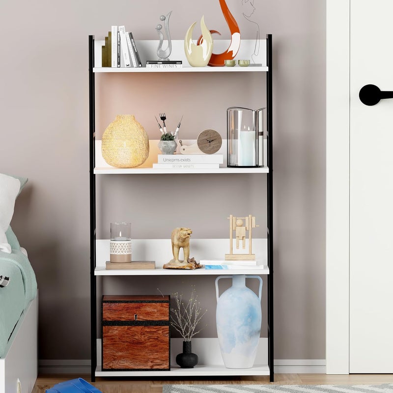 Lukzer Lukzer 4 Layer Multipurpose Rack Industrial Metal Frame with Engineered Wood Bookshelf for Kitchen Bedroom Living Room Stand 112 x 585 x 235 White BlackMMR001 - Image 4