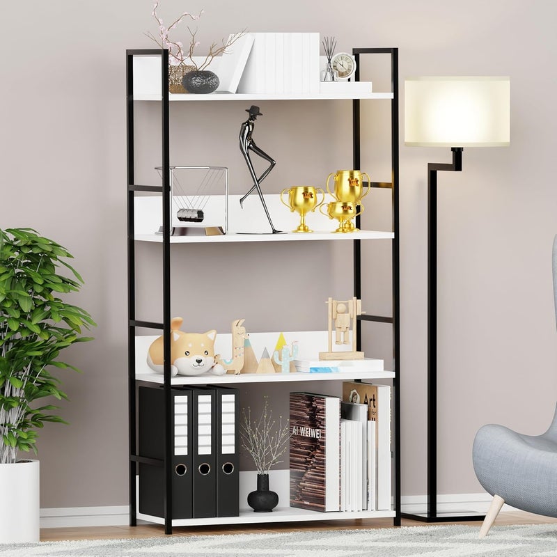 Lukzer Lukzer 4 Layer Multipurpose Rack Industrial Metal Frame with Engineered Wood Bookshelf for Kitchen Bedroom Living Room Stand 112 x 585 x 235 White BlackMMR001 - Image 5