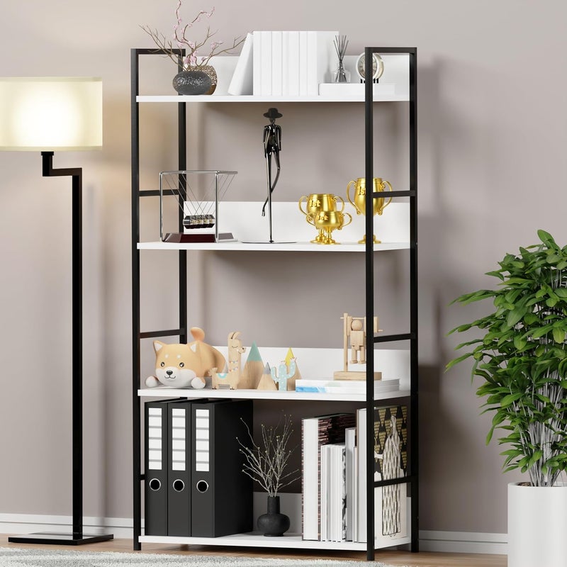 Lukzer Lukzer 4 Layer Multipurpose Rack Industrial Metal Frame with Engineered Wood Bookshelf for Kitchen Bedroom Living Room Stand 112 x 585 x 235 White BlackMMR001 - Image 3