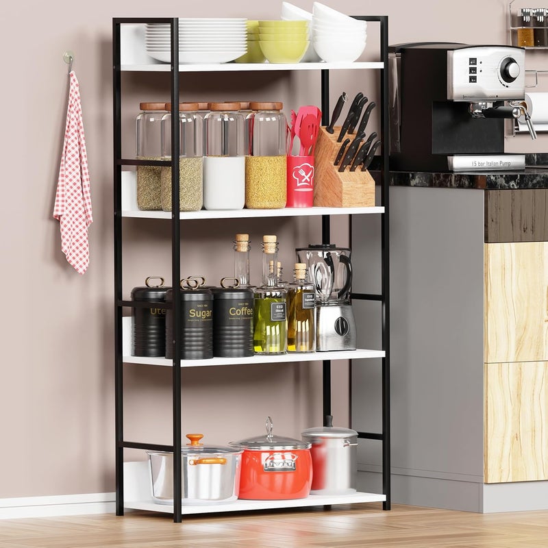 Lukzer Lukzer 4 Layer Multipurpose Rack Industrial Metal Frame with Engineered Wood Bookshelf for Kitchen Bedroom Living Room Stand 112 x 585 x 235 White BlackMMR001 - Image 1