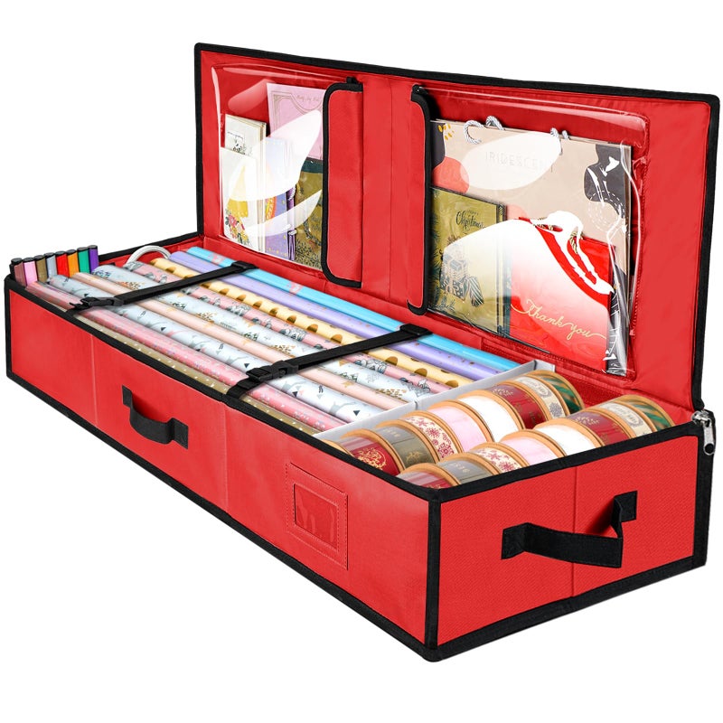 BALEINE Wrapping Paper Storage Organizer, 40" Durable 600D Oxford Fabric Gift Wrap Storage Bag with Flexible Partitions for Ribbon, Holiday Accessories (Red) - Image 1