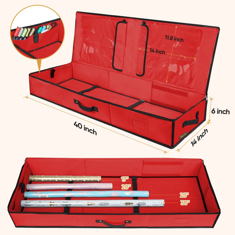 BALEINE Wrapping Paper Storage Organizer, 40" Durable 600D Oxford Fabric Gift Wrap Storage Bag with Flexible Partitions for Ribbon, Holiday Accessories (Red) - Image 4