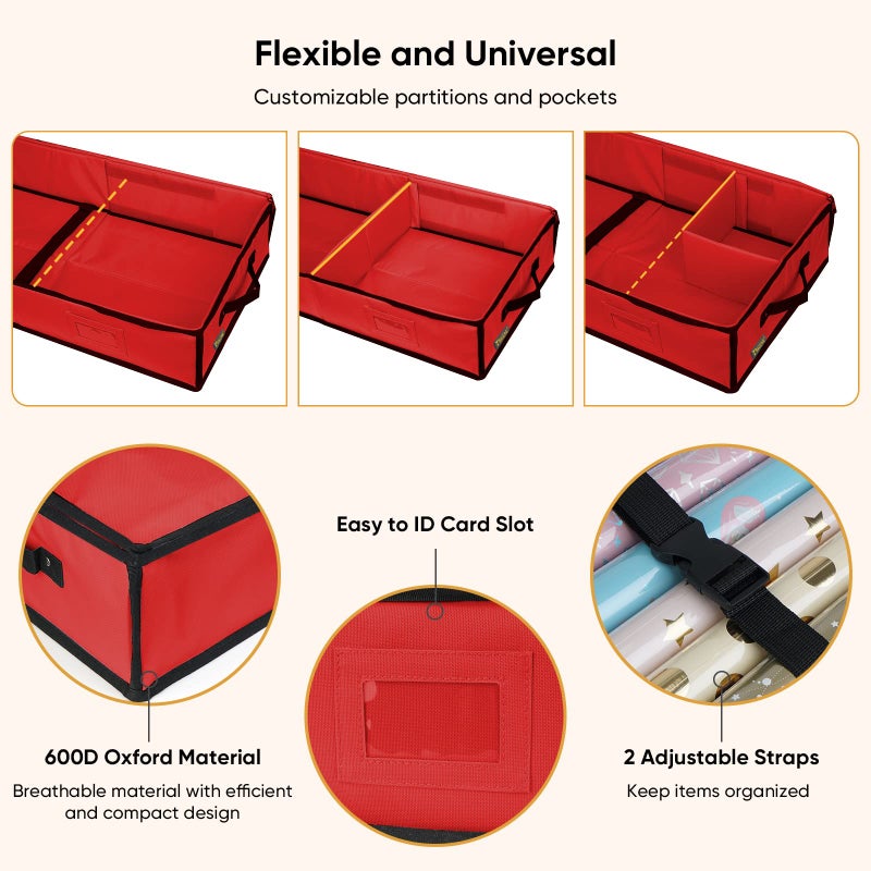 BALEINE Wrapping Paper Storage Organizer, 40" Durable 600D Oxford Fabric Gift Wrap Storage Bag with Flexible Partitions for Ribbon, Holiday Accessories (Red) - Image 3