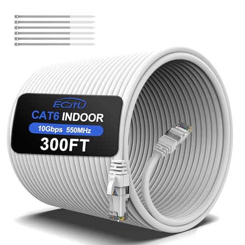 ecjtu 300FT Cat6 Ethernet Cable, Cat 6 Patch Cable, Cat6 Internet Cable, UTP Network Cable, Indoor and Outdoor, PoE, 24AWG CCA, Compatible for PC, Laptop, Router, Switch, Server, with 25 Cable Ties - White - Image 1