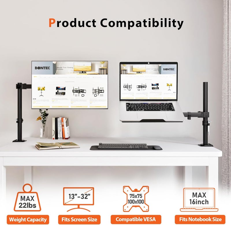 RED BAT Laptop Arm for Desk, Height Adjustable Laptop Mount for Laptops up to 16", VESA 75/100, Dual Mounting Options, Monitor Arm for 13-32" Monitors, Supports up to 22lbs - Image 2