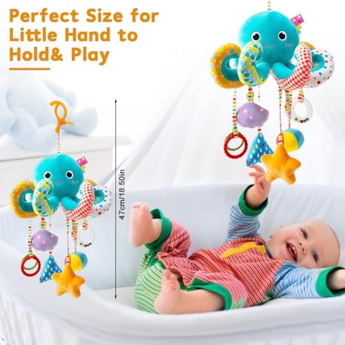 PATPAT® Hanging Soft Toys Cartoon Octopus Stuffed Plush Toys with Clasp, Hands-on Interactive Toy with Mirror, Rattle for Sensory Play, Early Development - Image 4