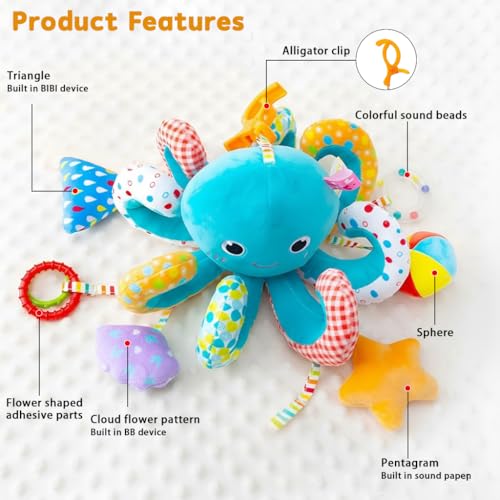 PATPAT® Hanging Soft Toys Cartoon Octopus Stuffed Plush Toys with Clasp, Hands-on Interactive Toy with Mirror, Rattle for Sensory Play, Early Development - Image 5