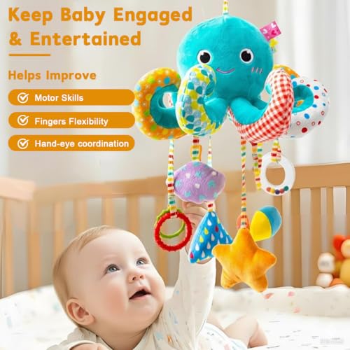 PATPAT® Hanging Soft Toys Cartoon Octopus Stuffed Plush Toys with Clasp, Hands-on Interactive Toy with Mirror, Rattle for Sensory Play, Early Development - Image 2