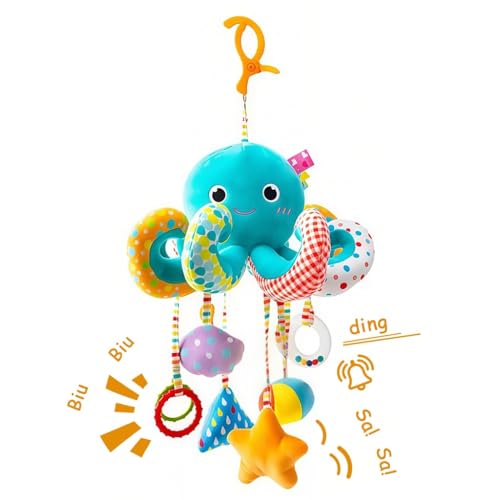 PATPAT® Hanging Soft Toys Cartoon Octopus Stuffed Plush Toys with Clasp, Hands-on Interactive Toy with Mirror, Rattle for Sensory Play, Early Development - Image 1