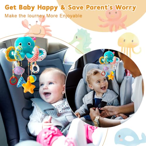 PATPAT® Hanging Soft Toys Cartoon Octopus Stuffed Plush Toys with Clasp, Hands-on Interactive Toy with Mirror, Rattle for Sensory Play, Early Development - Image 3