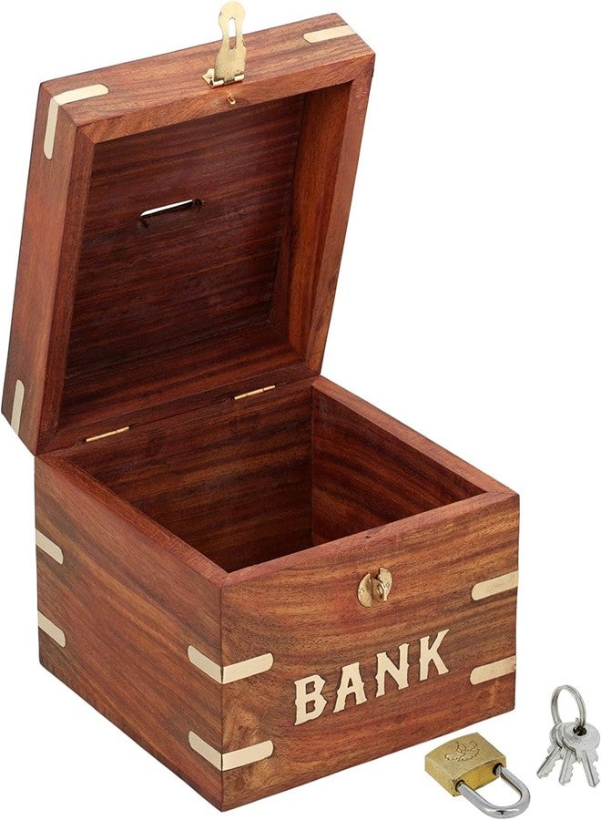 GURU JEE Premium Indian Vinatge Wooden Square Piggy Bank for Boys Girls and Any Age Size (4x4x3inch) - Image 3